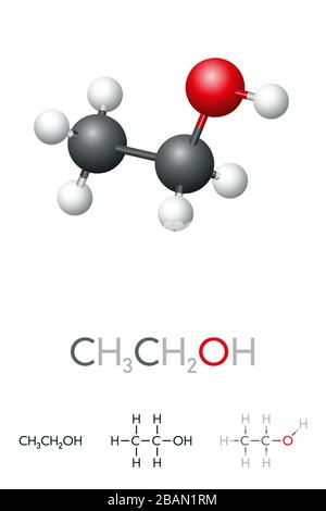 Ethanol, CH3CH2OH, Ethylalkohol, Molekularmodell und chemische Formel. Ein chemisches Lösungsmittel, psychoaktiver Stoff in alkoholischen Getränken, eine Brennstoffquelle. Stockfoto