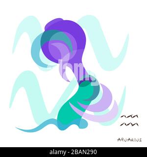 Aquarius ist ein Sternzeichen. Künstlerische, farbige, gezeichnete Abbildung des Tierkreises Aquarius mit Symbol und Sternenschema im Aquarellstil auf einem weißen Bac Stockfoto