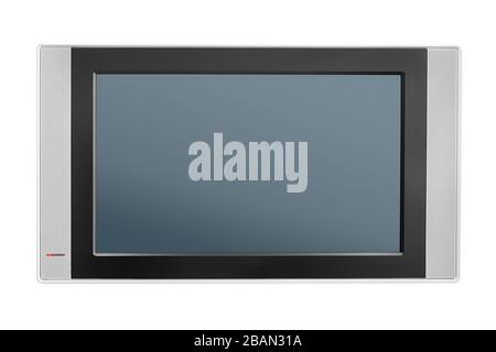Moderner tv-Bildschirm mit Audiolautsprechern. Isoliert auf weiß, Beschneidungspfad enthalten. Frontalansicht Stockfoto