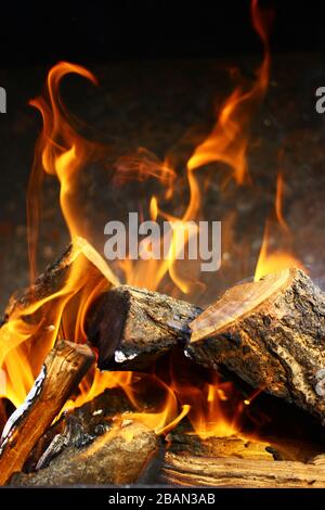 Nahaufnahme eines brennenden Holzes in einem Feuergefieber Stockfoto