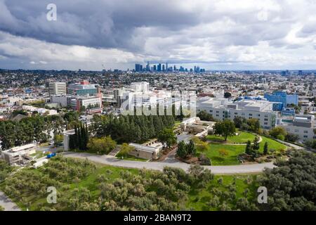 Luftaufnahme des Barnsdall Park gekrönt mit Frank Lloyd Wrights Hollyhock House in Los Angeles Stockfoto