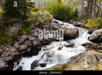 Ein schöner Bergwasserfall zieht sich durch einen Wald mit den wechselnden Farben des Herbstes. Stockfoto