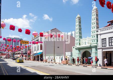 Chinesische Neujahrsdekorationen, South Bridge Road, Chinatown, Central Area, Singapore Island (Pulau Ujong), Singapur Stockfoto