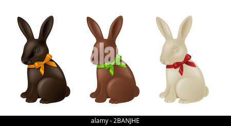 Bunte Schokoladenkaninchen, osterhasen mit bunten Schleifen Stock Vektor