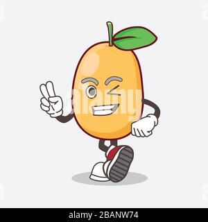 Eine Illustration von Kumquat Fruit Cartoon Maskottchen Charakter mit zwei Fingern Stockfoto