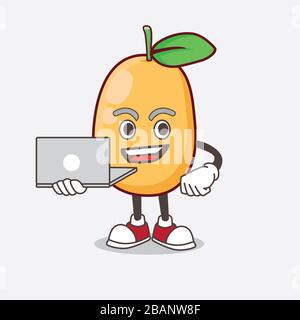 Eine Illustration der Figur des Kumquat Fruit Cartoon Maskottchens, die mit Laptop arbeitet Stockfoto