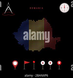Gepunktete Karte Rumäniens in den Farben der Nationalflaggen Rumäniens gemalt. Schwenkender Flaggeneffekt. Kartenwerkzeuge, Satz kartografischer Symbole. Abbildung Stockfoto