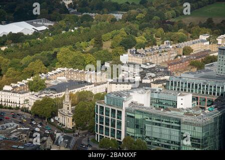 Luftaufnahme von Regents Place One Marylebone Regents Park RCP London vom BT Tower, 60 Cleveland St, Fitzrovia, London W1T 4JZ Stockfoto