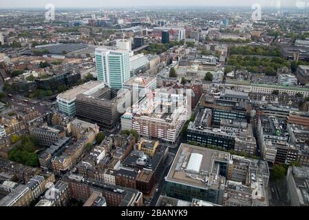 Luftansicht des Paramount Court UCLH Maple House UCL Wilkins Building London vom BT Tower, 60 Cleveland St, Fitzrovia, London W1T 4JZ Stockfoto