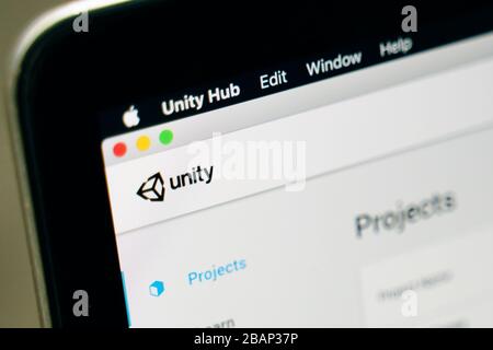 Bishkek, Kirgisistan - 14. März 2019: Unity Game Engine. Bildschirm der Unity 3d-Game-Engine-Installationssoftware. Stockfoto