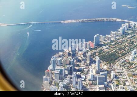 Miami Florida, Abflug von American Airlines, Abflug, Luftaufnahme von oben, Fenstersitzansicht, Brickell Financial District, Key Biscayne, R Stockfoto