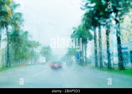 Miami Beach Florida, 5th Fifth Street, starker Regensturm, Blick durch die Frontscheibe, Fenster, Autos, Auto, Auto, Fahrzeug, eingeschränkte Sicht, gefährlich, V Stockfoto