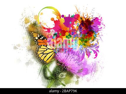 Künstlerische 3D-Illustration eines bunten Schmetterlings auf einer bunt spritzenden Wasserfarbenform. Stockfoto