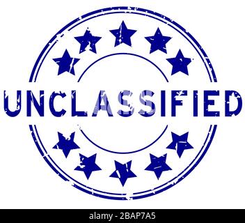 Grunge blaues, nicht klassifiziertes Wort mit Sternsymbol runder Gummidichtung auf weißem Hintergrund Stock Vektor