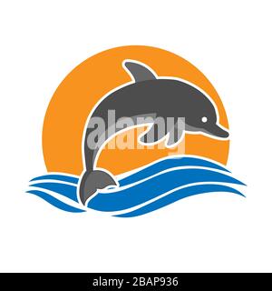 Delphin springt vor dem Hintergrund von Sonnenuntergang oder Morgengrauen aus dem Wasser. Logo, Logo oder Aufkleber für Websites und Apps. Einfaches flaches Design Stock Vektor