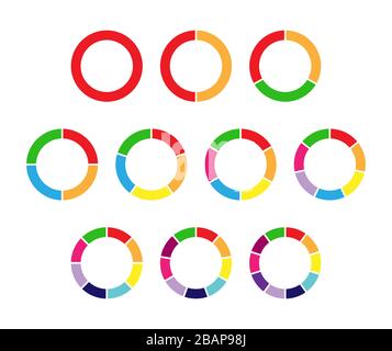 Satz farbiger Kreisdiagramme für 1,2,3,4,5,6,7,8,9,10 Schritte oder Abschnitte zur Veranschaulichung eines Geschäftsplans, Infografik und Berichterstellung. Einfaches Design, Stock-Vecto Stock Vektor