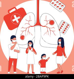 Moderne Vektordarstellung von niedlichen Ärzten mit Thermometer, Pillen, Medikamenten, Grippeimpfstoff. Medizinische Behandlung und Gesundheitspflege. Personen im Gesundheitswesen Stock Vektor