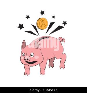 Piggy Bank und Münze auf einem weißen, isolierten Hintergrund. Vektorbild Stock Vektor