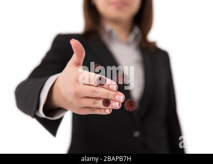 Coronavirus oder Bakterien verbreiten sich durch Handschlag oder Handberührungskonzept. Sagen Sie Nein zum Handshake. Geschäftsfrau Handschlag und Virusverbreitung Stockfoto