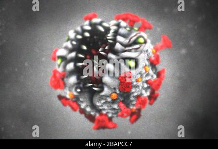 Corona-Virus, Covid-19-Virus, Seitenansicht Nach Oben, Mikroskopisches Monster Stockfoto