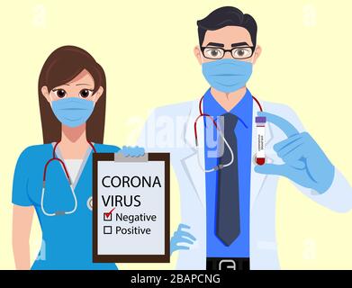 Design des medizinischen Zeichenvektor-Konzepts. Ärzte und Pfleger Krankenhausmitarbeiter zeigen und präsentieren negative Testergebnisse des Corona-Virus. Vektor Stock Vektor