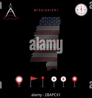 Gepunktete Karte von Mississippi in den Farben der Nationalflaggen der Vereinigten Staaten gemalt. Schwenkender Flaggeneffekt. Kartenwerkzeuge, Satz kartografischer Symbole. V Stock Vektor