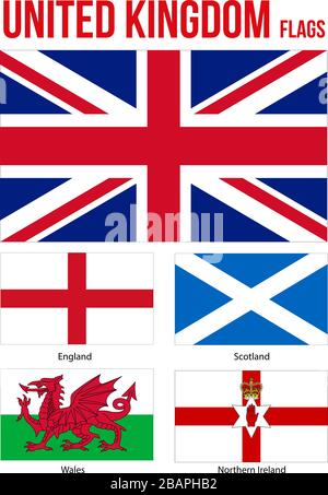 Großbritannien Fahnen Sammlung Vector Illustration auf weißem Hintergrund. Länder des Vereinigten Königreichs. Flagge von England, Nordirland, Wales&S Stock Vektor