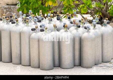 Viele Alu-Tauchsauerstofftanks stehen vor den grünen Strandbüschen und Felsen auf dem Sand in Thailand mit Kopierraum Stockfoto