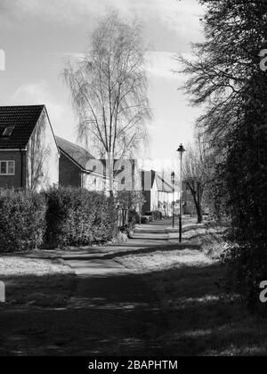 Schwarz-Weiß-Bild von Frühlingssonne auf einem Wohnimmobiliengelände in Westbury, Wiltshire, Großbritannien. Stockfoto