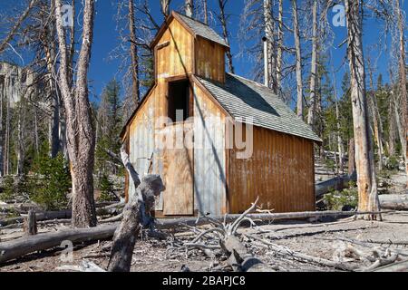 Verlassener Schuppen umgeben von toten Bäumen am Ufer des Horseshoe Lake, Mammoth Lakes, Kalifornien, USA. Stockfoto