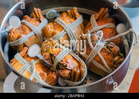 Gedämpfte Hairy Red River Crab. Gebundener Krabben im Dampfgarer Pot zu Hause gekocht. Stockfoto