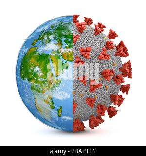 Symbiose des Planeten Erde und Coronavirus Kovid 19. 3D-Rendering. Stockfoto