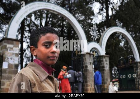 Ento-Maryam-Kirche im Endoto-Gebirge oberhalb von Addis Abeba Äthiopien. Entoto Maryam ist eine achteckige Kirche, die von Menelik II. -3 im Jahre 18 erbaut wurde Stockfoto