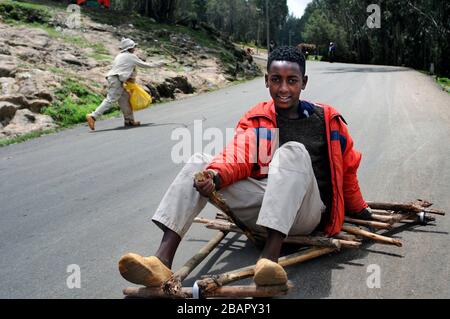 Mount Entoto Eucalyptus Forest oberhalb von Addis Abeba, Äthiopien. Die heiligen Wälder von Nordäthiopien. Rudimentäre Schubkarren für den Transport Stockfoto