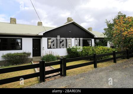 Blick auf das Bories House, Dorf Puerto Bories in der Nähe der Stadt Puerto Natales, Patagonien, Chile, Südamerika Stockfoto