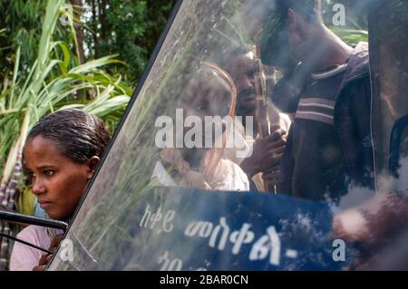 Straße zwischen Wukro nach Mekele, Äthiopien. Mehrere Arbeitnehmer schneiden Sugar Canes auf der Straße von Wukro, Mekele. In Wukro, in der Region Tigray, Nord-o Stockfoto