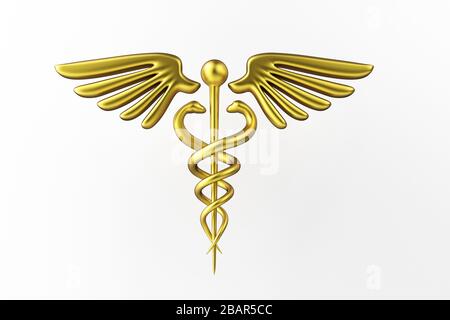 Das medizinische Symbol "caduceus" wurde auf weißem Hintergrund isoliert. Symbol "Caduceus". Konzept für Gesundheitsmedizin und Lifestyle. Caduceus Schild mit Schlangen. 3D-Rendering Stockfoto