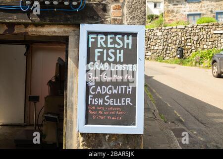 Traditionelles altes Schild an der Tafel vor dem Fischgeschäft - frischer Fisch, der Fischverkäufer, in dem kleinen urigen Fischerdorf Cadgwith, Cornwall, England Stockfoto