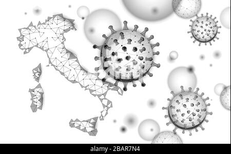 Geografische Karte für Italien. Vorbeugung gegen Infektionspneumonie Digitales 3D-Banner mit niedriger Poly. Internationaler Ausbruch von Auslandsreisen. Europa international Stock Vektor