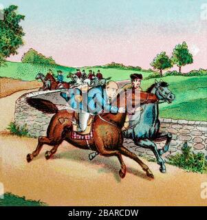 The Diverting History of John Gilpin, eine Illustration eines historischen Mannes auf dem Pferd, der zum Bell Inn in Edmonton fährt, aber versehentlich an einen Ort namens "Ware" umgeleitet wird. John Gilpin war ein 'Draper' bekannt, eine Geschichte von William Cowper aus dem Jahr 17888823. Stockfoto