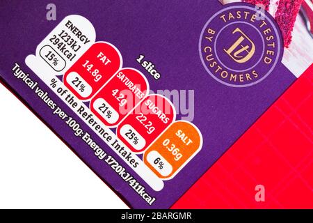 Nährwertinformationen Ampelsystem Kennzeichnung mit farbcodiertem System auf Box von Sainsbury's Taste The Difference Red Velvet Cake Stockfoto