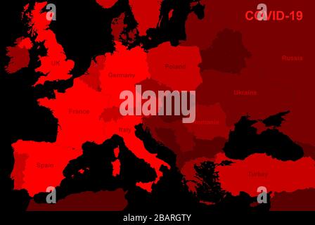 COVID-19-Coronavirus in Europa, MAP-Bericht zu bestätigten Fällen mit Ländern. Globale Quarantäne aufgrund einer Coronavirus-Krankheit. Konzept des neuartigen Corona-Virus Stockfoto