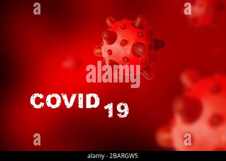 COVID-19-Coronavirus-Banner, mikroskopische Ansicht des SARS-COV-2-Corona-Virus im Blut, 3D-Abbildung. Untersuchung von Coronavirus-Ausbruch und Pandemie. Kon Stockfoto