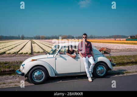 Lisse Niederlande April 2019, EIN klassischer, weißer Volkswagen Käfer auf einer mit Blumen bedeckten Wiese in der Birnenregion mit blühenden Frühlingsblumen und Stockfoto