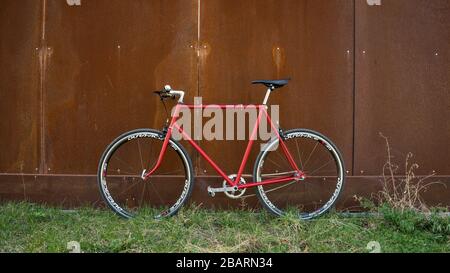 Retro-gestyltes, rotes, singelesenes, festes Zahnrad, isoliert an einer Metallwand Stockfoto