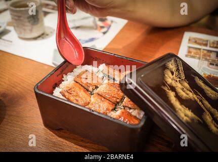 Pacific Saury Kabayaki auf Reis Stockfoto