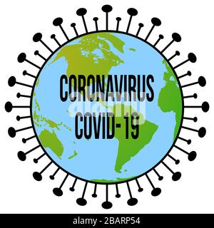 Ein grafisches Design mit Coronavirus (CoVid19) und einem Globus im Zentrum, um den weltweiten Ausbruch der CoVid-19-Pandemie zu symbolisieren Stockfoto
