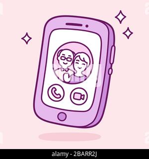 Videoanruf auf Smartphone bei Großeltern oder alternden Eltern. Cartoon älteres Paar auf dem Handy-Bildschirm. Einfache Vektorgrafiken im kawaiischen Stil. Stock Vektor