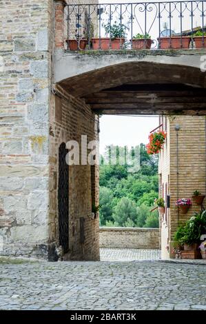Auf den Straßen von Torre di Palme, Fermo, Marken, Italien. Typische Straße des historischen Dorfes, eines der schönsten Dörfer Italiens. Stockfoto