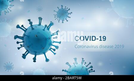 Viruspartikel auf weißem blauem Hintergrund mit COVID-19 Coronavirus Disease 2019 Text Stock Vektor